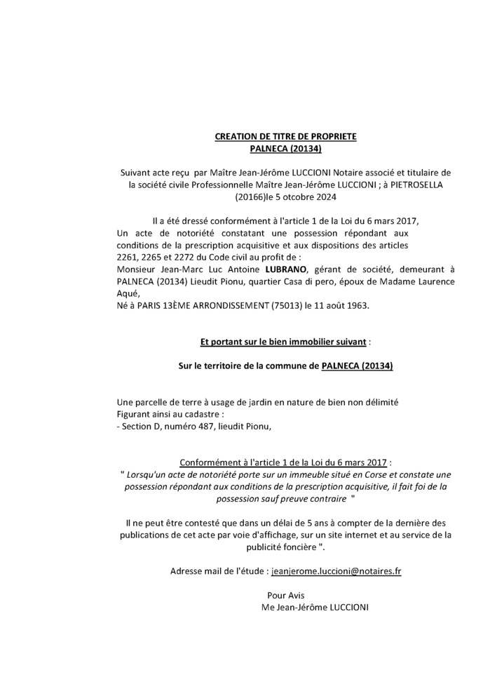 Avis de création de titre de propriété - Commune de Palleca (Pumonti)