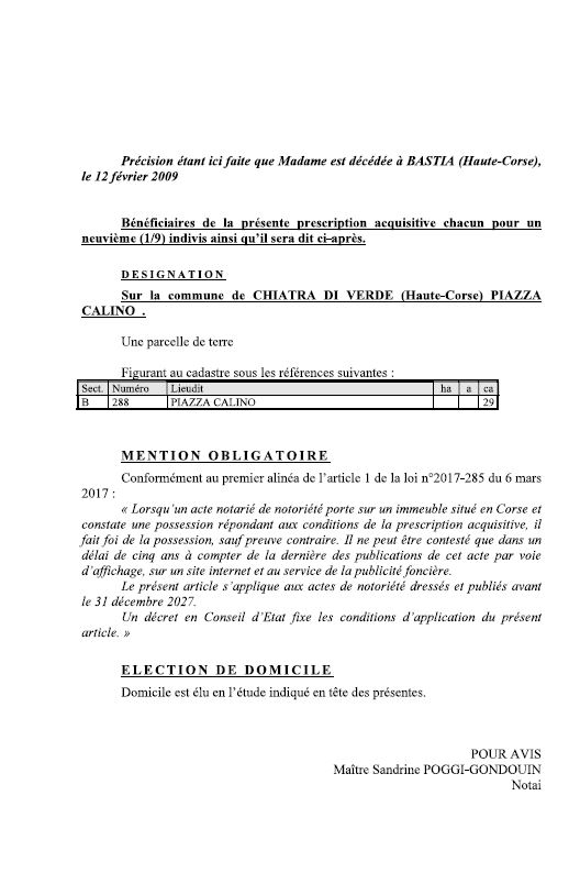 Avis de création de titre de propriété - Commune de Chjatra (Cismonte)