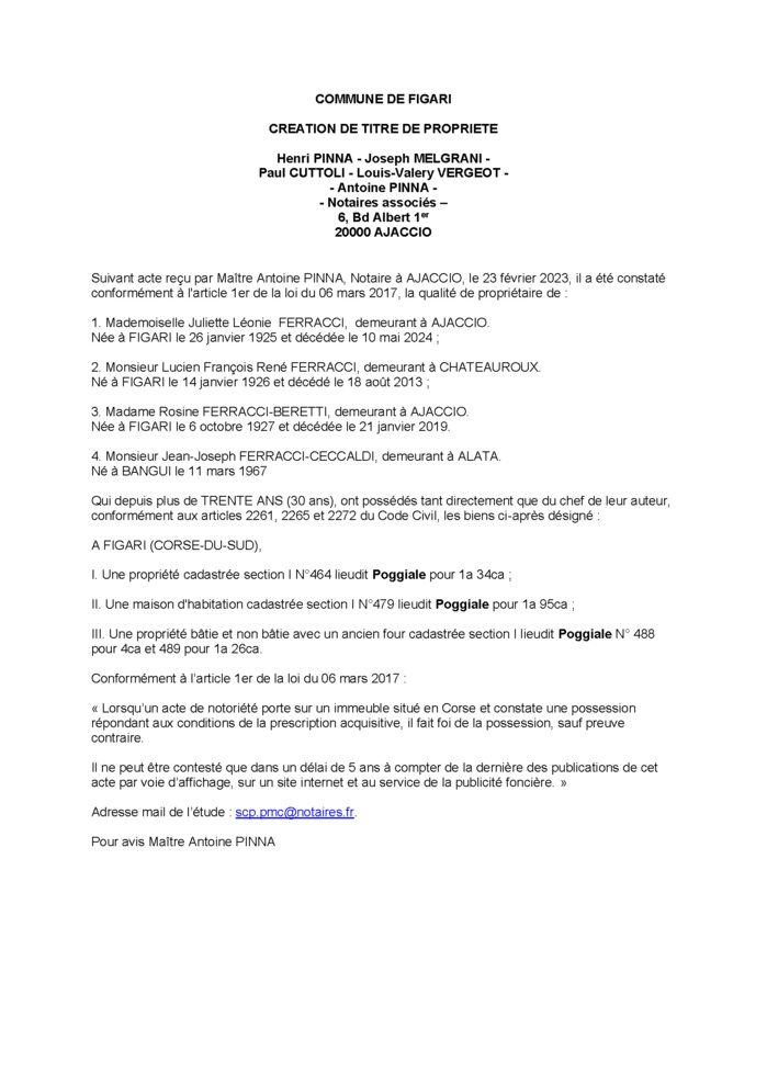 Avis de création de titre de propriété - Commune de Figari (Pumonti)