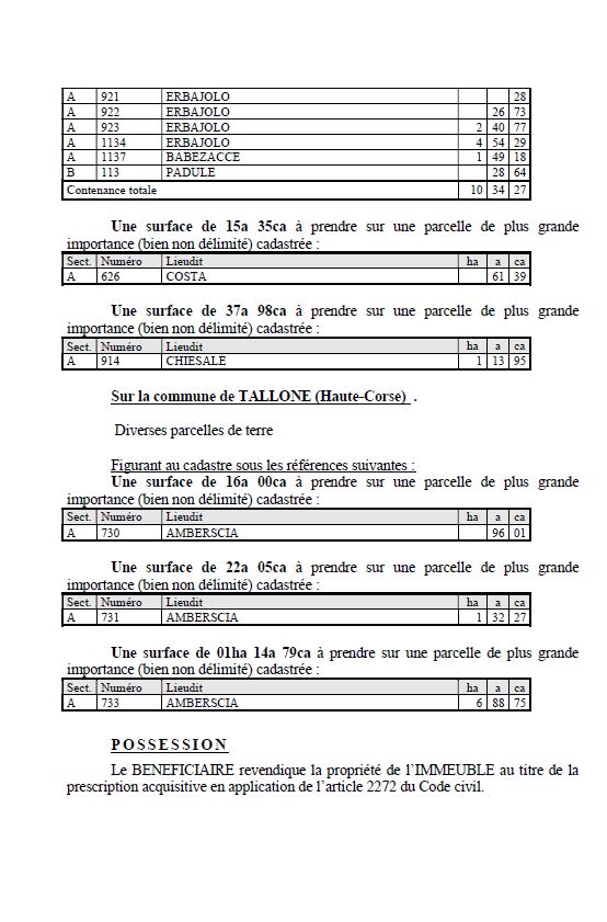 Avis de création de titre de propriété - Commune de Tallone (Cismonte)