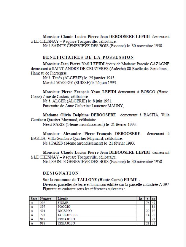 Avis de création de titre de propriété - Commune de Sorbu è Ocagnanu (Cismonte)