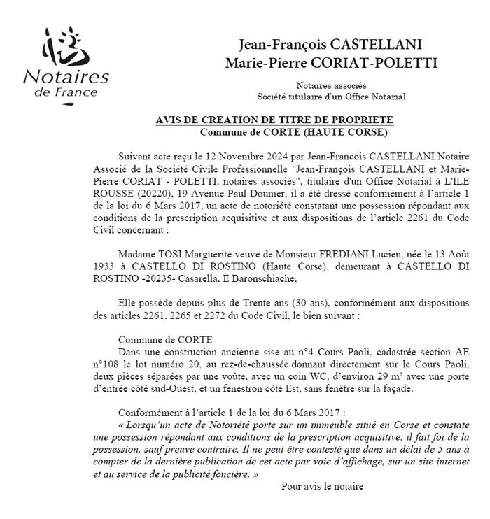 Avis de création de titre de propriété - Commune de Corti (Cismonte)