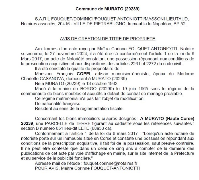 Avis de création de titre de propriété - Commune de Muratu (Cismonte)