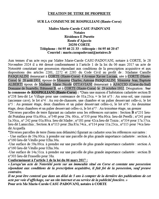 Avis de création de titre de propriété - Commune de Ruspigliani (Cismonte)