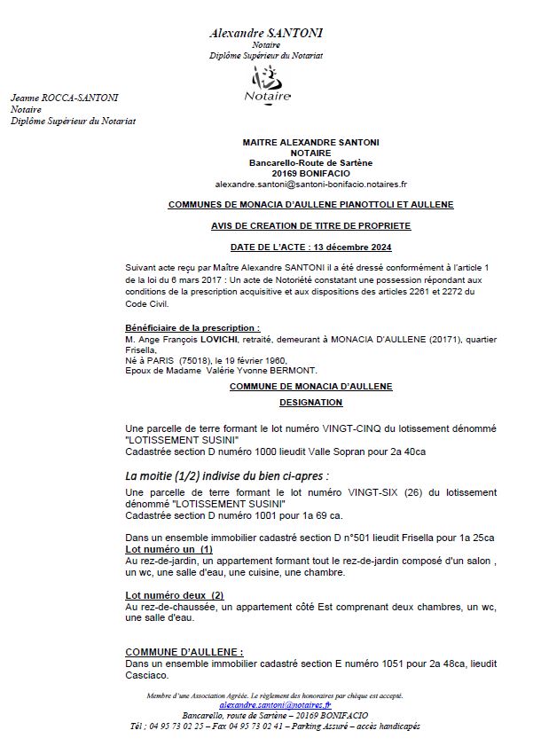 Avis de création de titre de propriété - Communes d'A Munacia d'Auddè, Auddè et Pianottuli è Caldareddu (Pumonti)