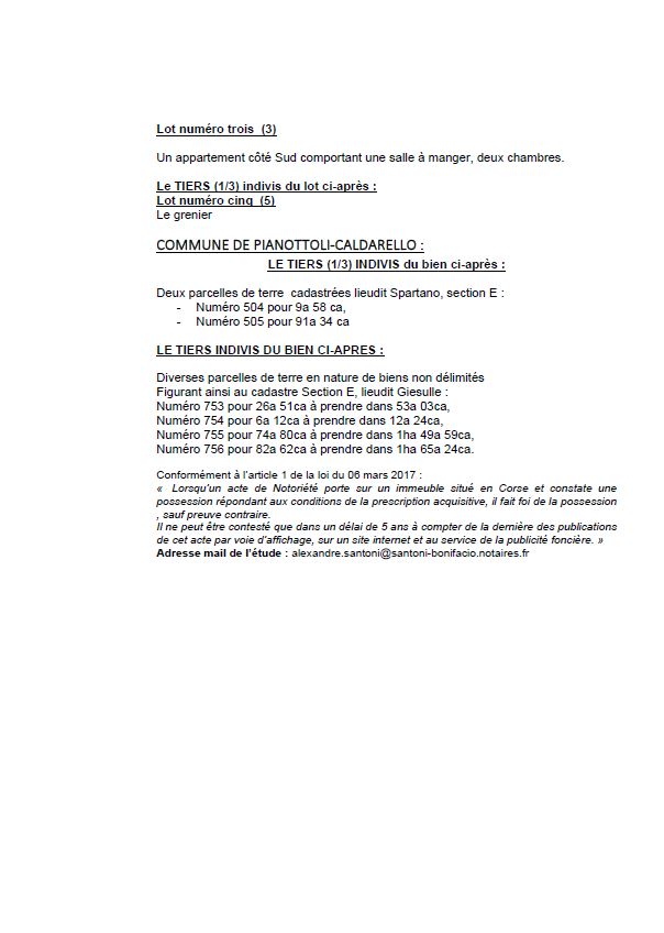 Avis de création de titre de propriété - Communes d'A Munacia d'Auddè, Auddè et Pianottuli è Caldareddu (Pumonti)