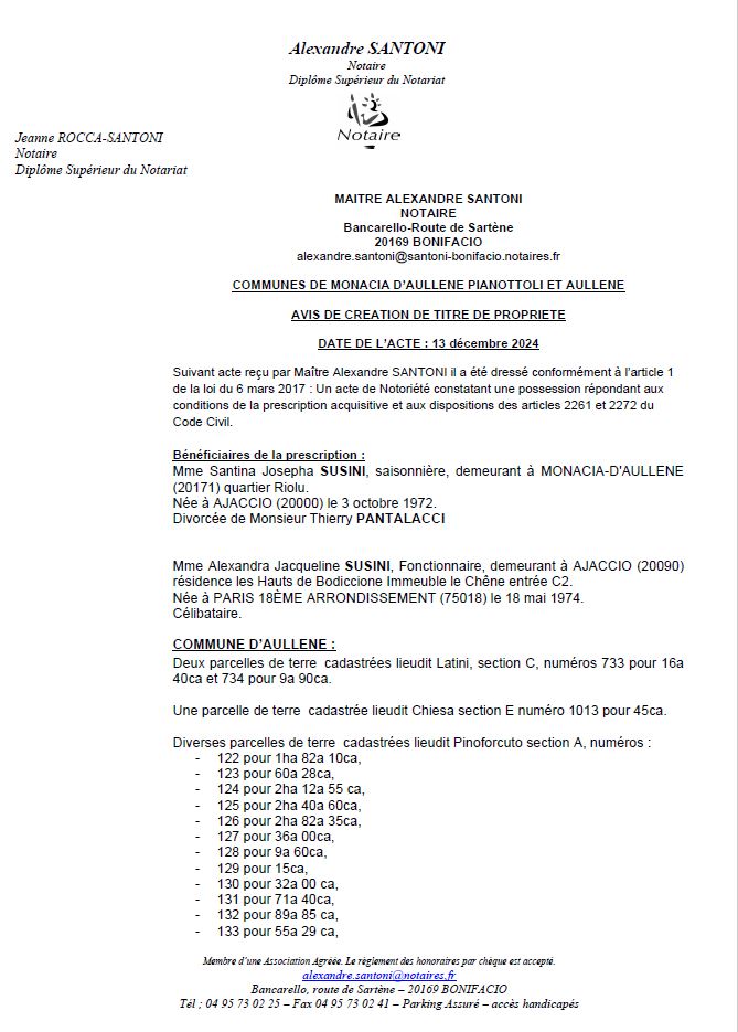 Avis de création de titre de propriété - Communes d'A Munacia d'Auddè, Auddè et Pianottuli è Caldareddu (Pumonti)