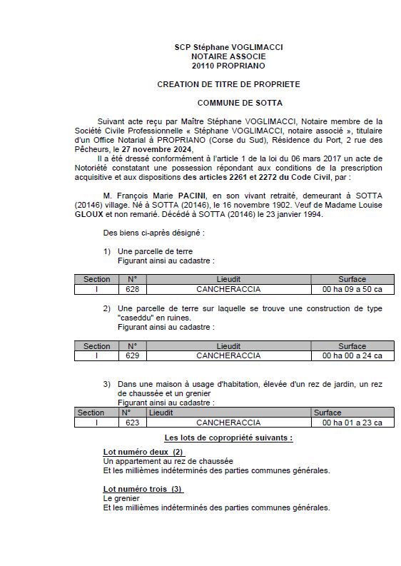 Avis de création de titre de propriété - Commune de Sotta (Pumonti)