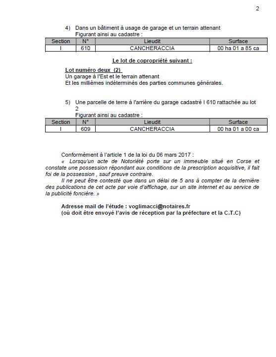 Avis de création de titre de propriété - Commune de Sotta (Pumonti)