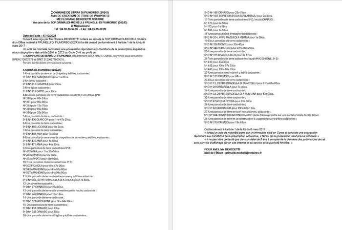 Avis de création de titre de propriété - Commune de Serra di Fiumorbu (Cismonte)