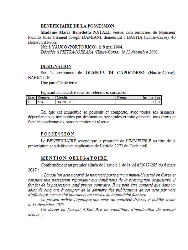 Avis de création de titre de propriété - Commune d'Olmeta di Capicorsu (Cismonte)