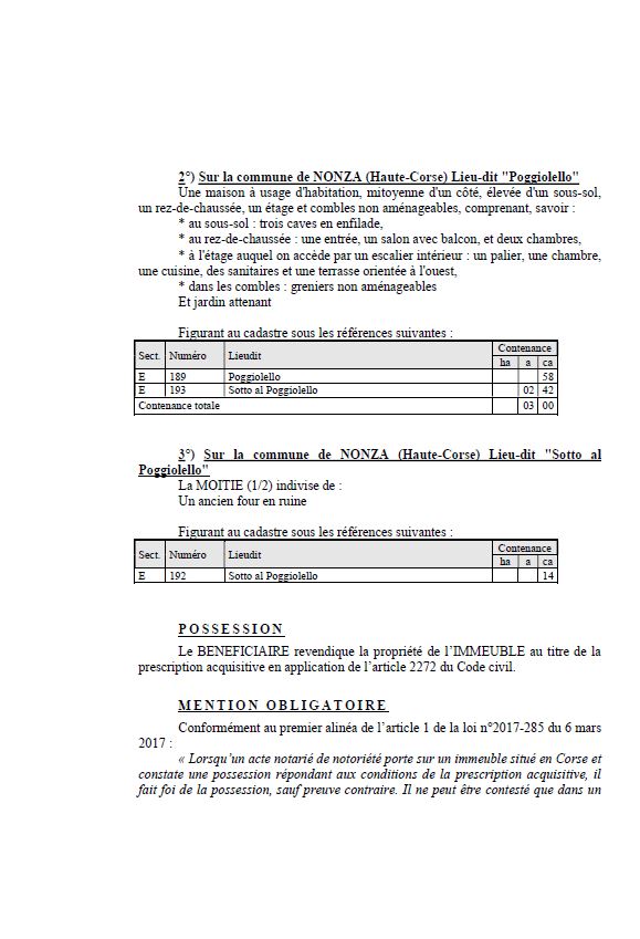 Avis de création de titre de propriété - Commune de Nonza (Cismonte)