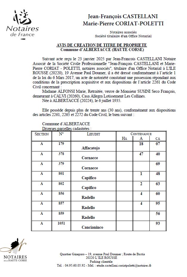 Avis de création de titre de propriété - Commune d'Albertacce (Cismonte)