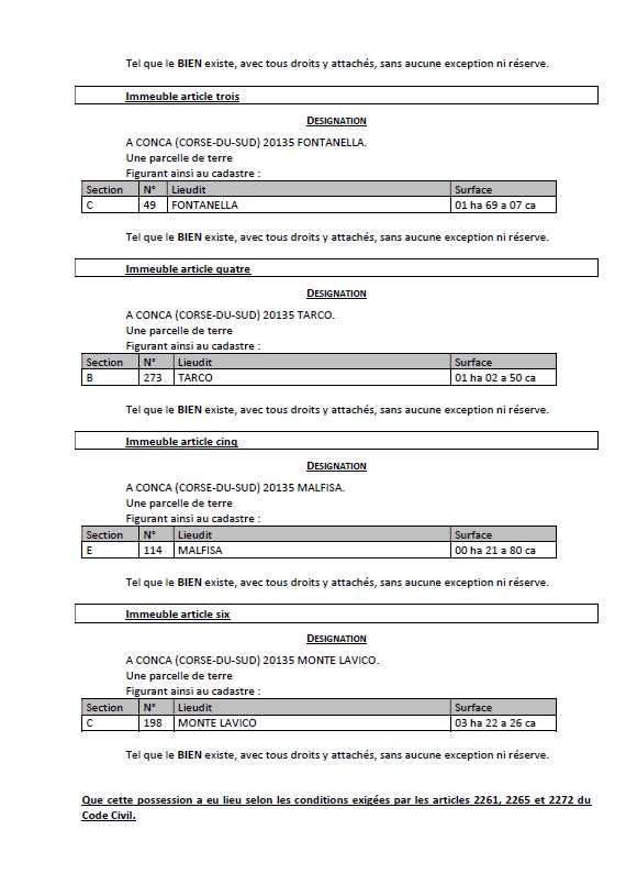 Avis de création de titre de propriété - Commune de Conca (Pumonti)