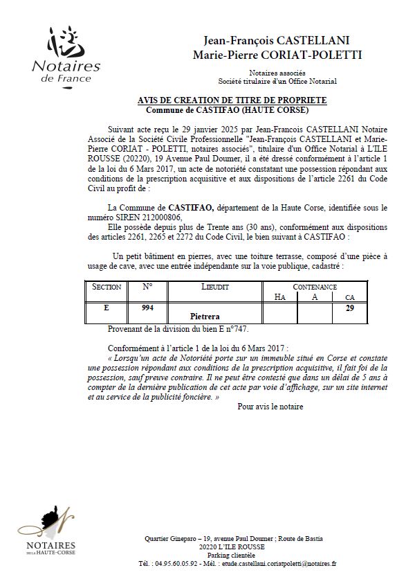 Avis de création de titre de propriété - Commune de Castifau (Cismonte)