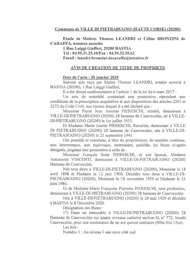 Avis de création de titre de propriété - Commune d'E Ville di Petrabugnu (Cismonte)