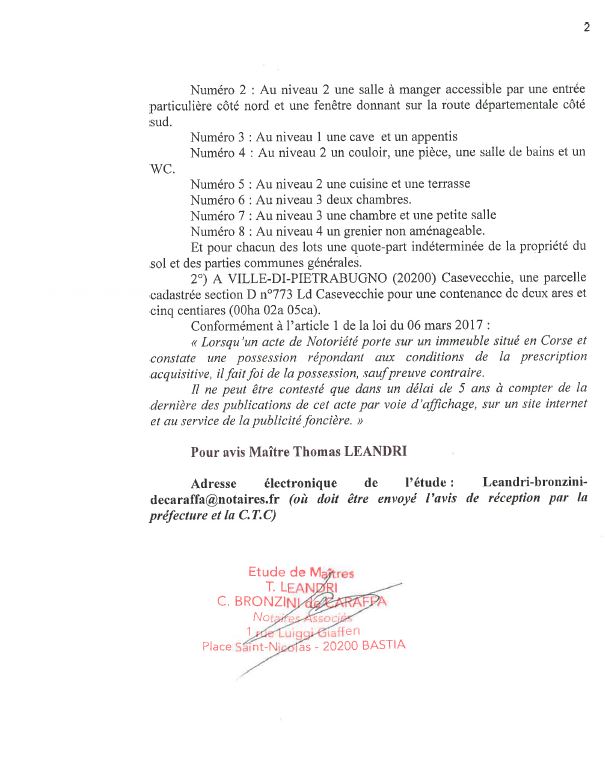 Avis de création de titre de propriété - Commune d'E Ville di Petrabugnu (Cismonte)