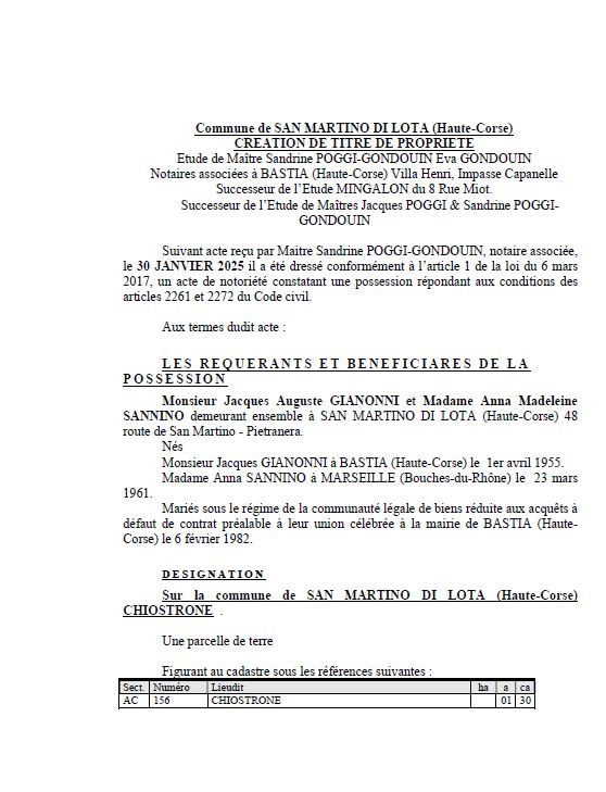 Avis de création de titre de propriété - Commune de San Martinu di Lota (Cismonte)