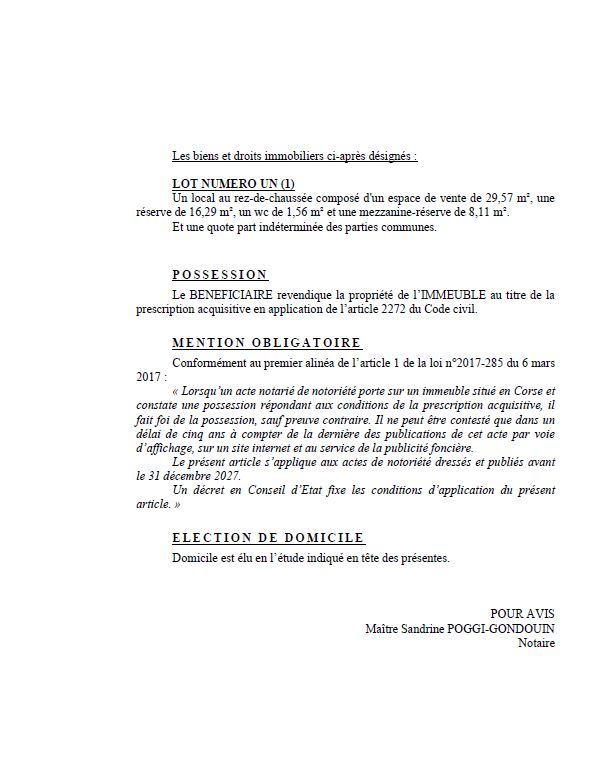 Avis de création de titre de propriété - Commune de Bastia (Cismonte)