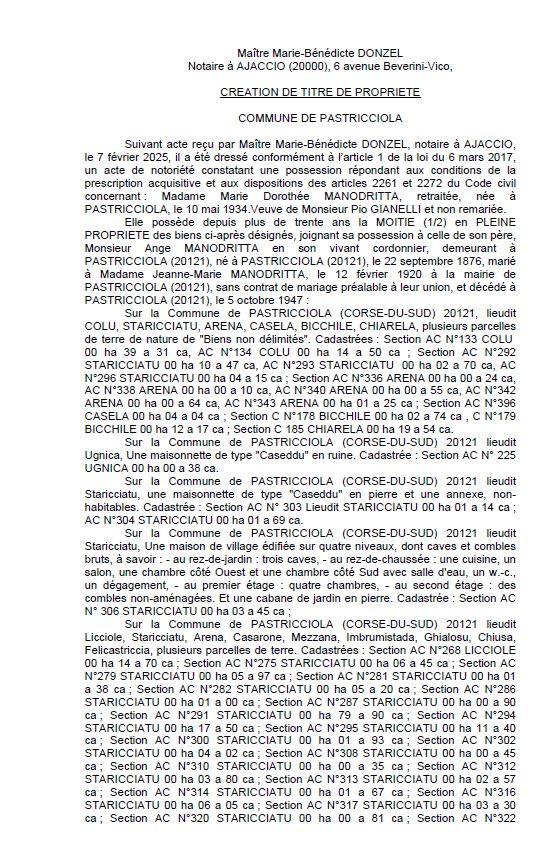 Avis de création de titre de propriété - Commune d'A Pastricciola (Pumonti)