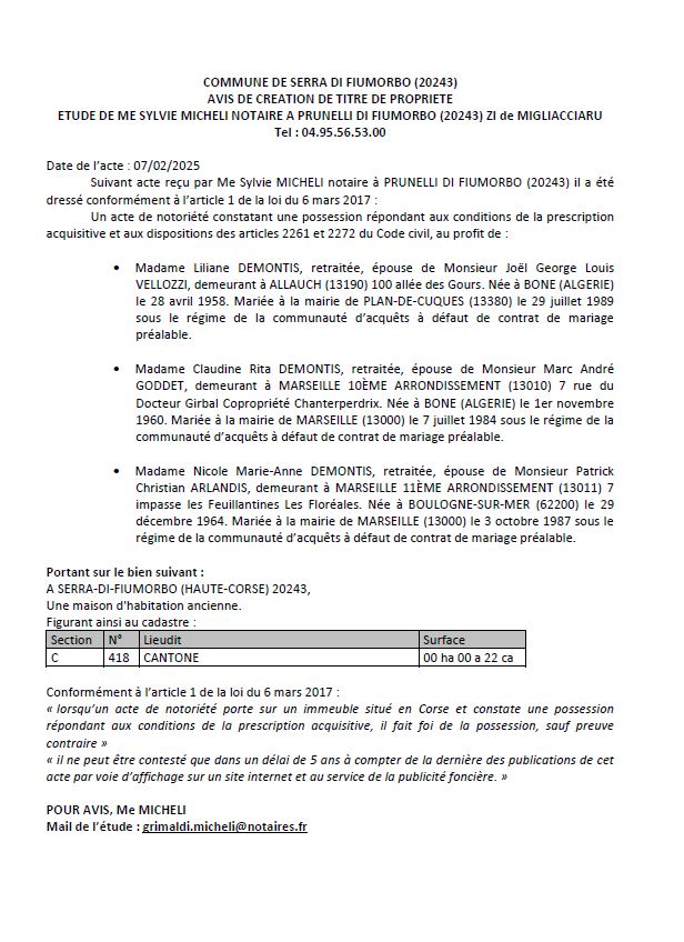 Avis de création de titre de propriété - Commune de Serra di Fiumorbu (Cismonte)