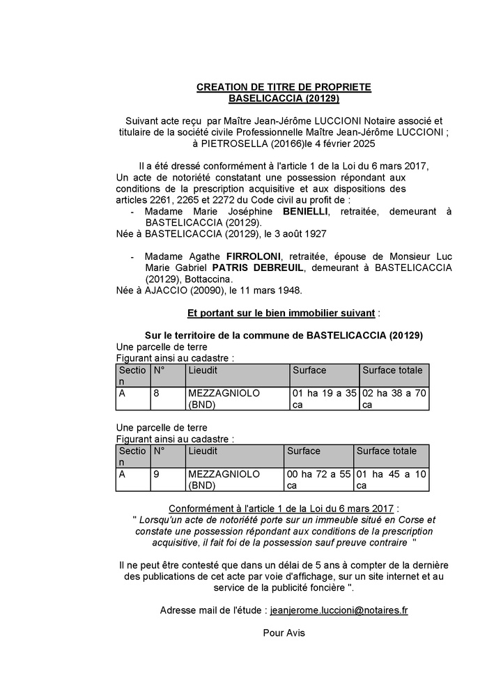 Avis de création de titre de propriété - Commune d'A Bastilicaccia (Pumonti)