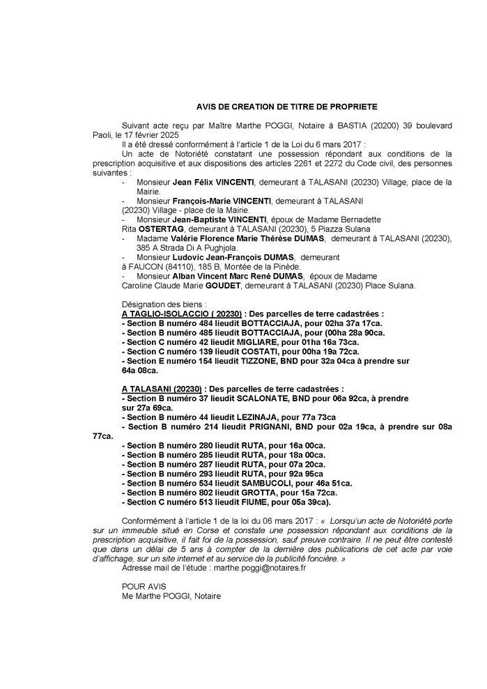 Avis de création de titre de propriété - Communes de Tagliu è Isulacciu et Talasani (Cismonte)