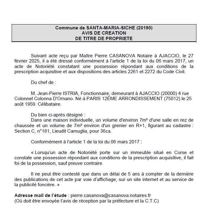 Avis de création de titre de propriété - Commune de Santa Maria Sichè (Pumonti)