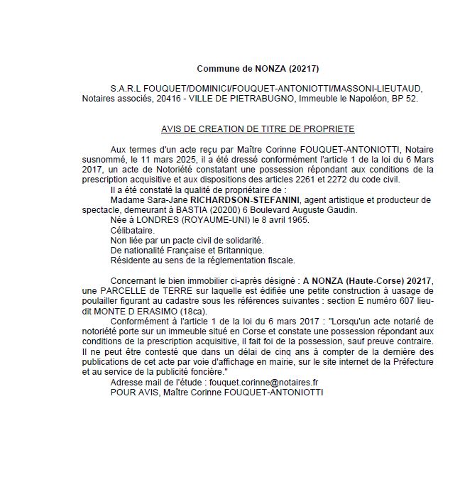 Avis de création de titre de propriété - Commune de Nonza (Cismonte)