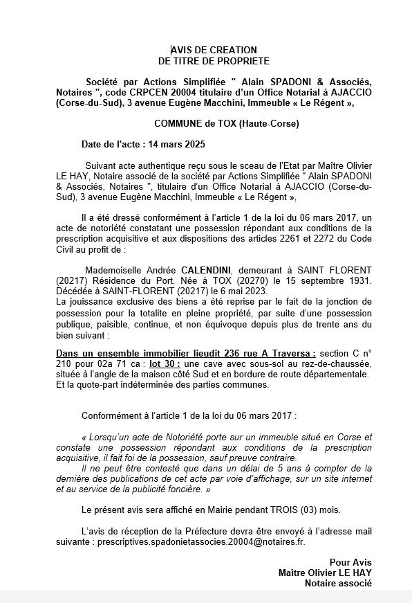 Avis de création de titre de propriété - Commune de Tocchisu (Cismonte)