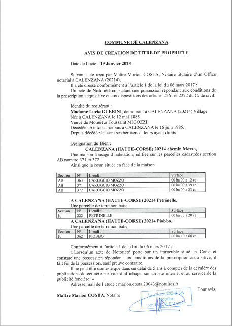  Avis de création de titre de propriété - Commune de Calenzana (Haute-Corse)