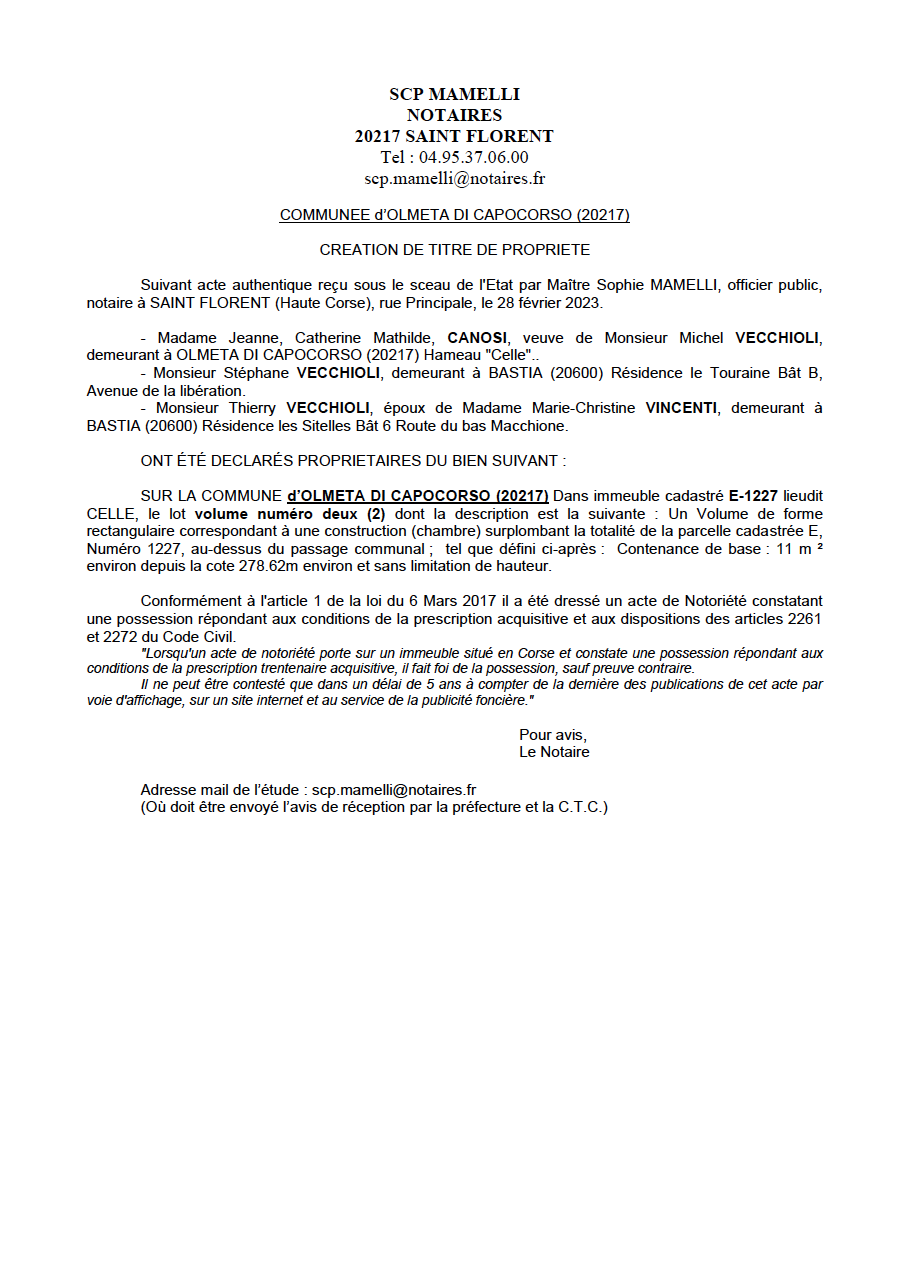 Avis de création de titre de propriété - Commune d'Olmeta di Capicorsu (Cismonte)