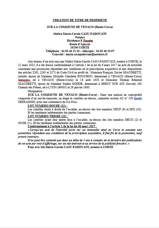 Avis de création de titre de propriété - Commune de Venacu (Cismonte)