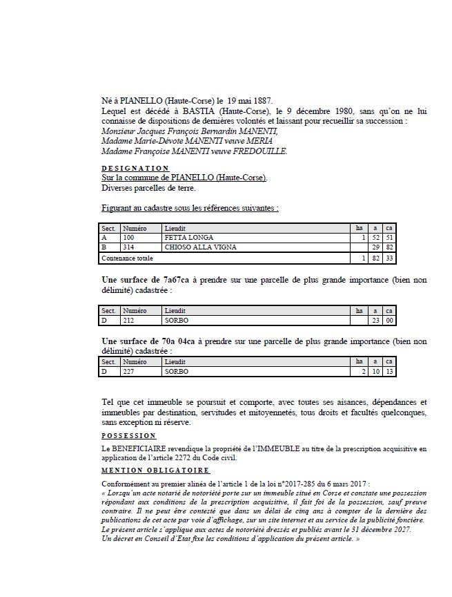 Avis de création de titre de propriété - Commune de U Pianellu (Cismonte)