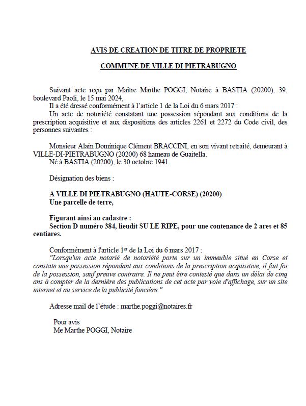 Avis de création de titre de propriété - Commune de E Ville di Petrabugnu (Cismonte)