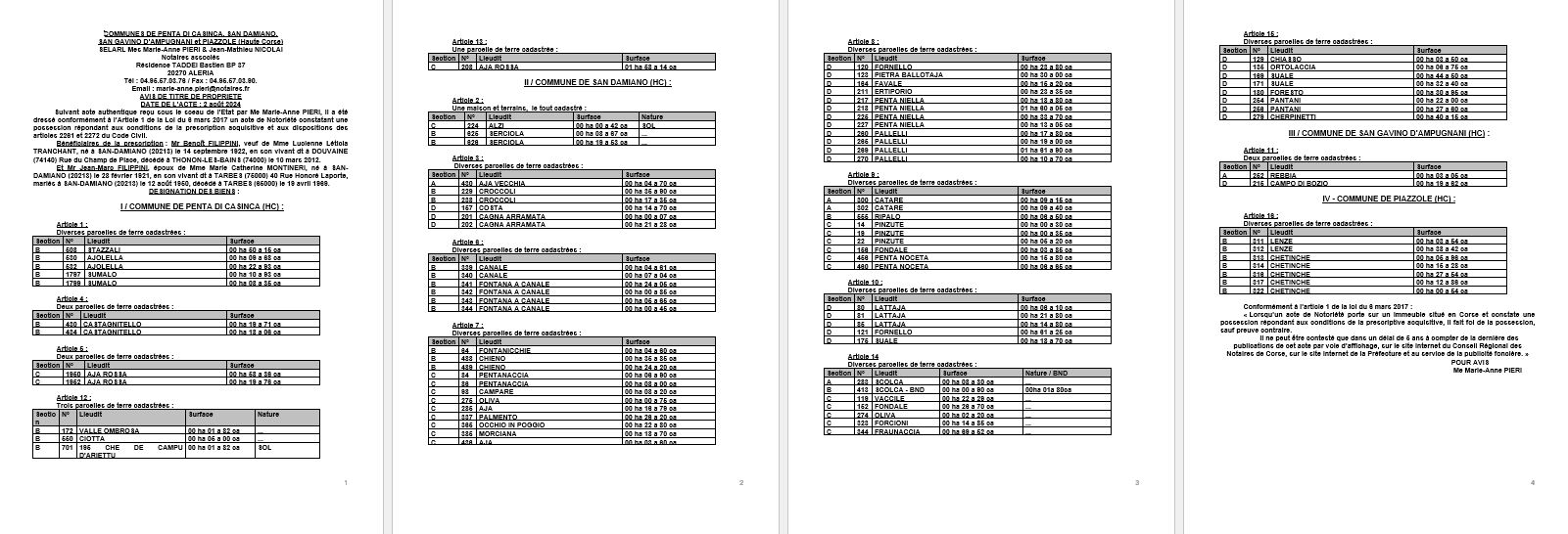 Avis de création de titre de propriété - Commune de Penta di Casinca (Cismonte)