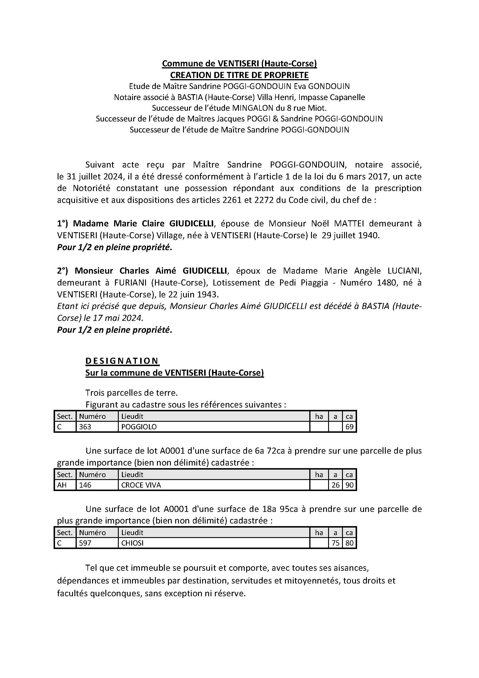 Avis de création de titre de propriété - Commune de Vintisari (Cismonte)