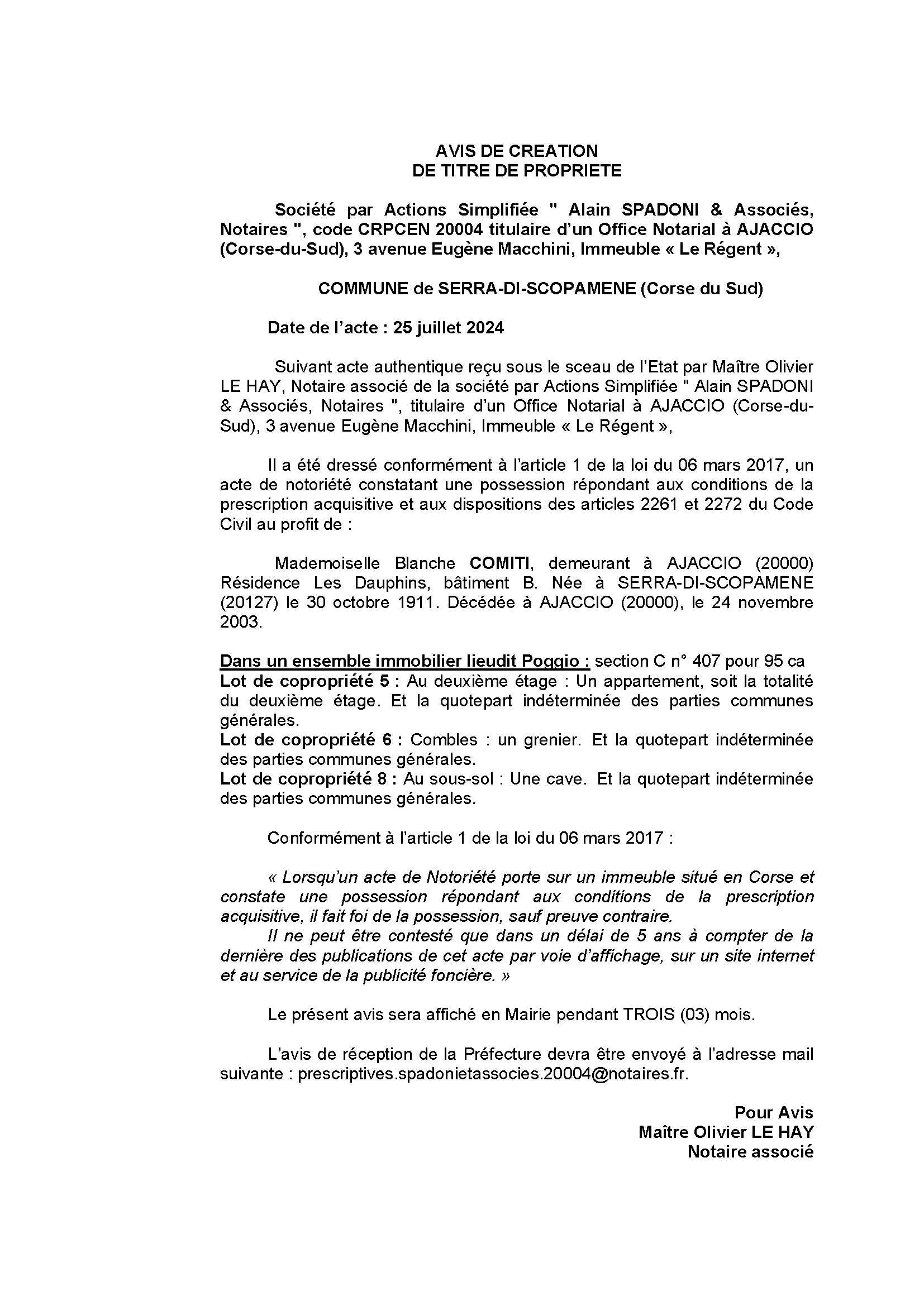 Avis de création de titre de propriété - Commune d'A Sarra di Scupamena (Pumonti)