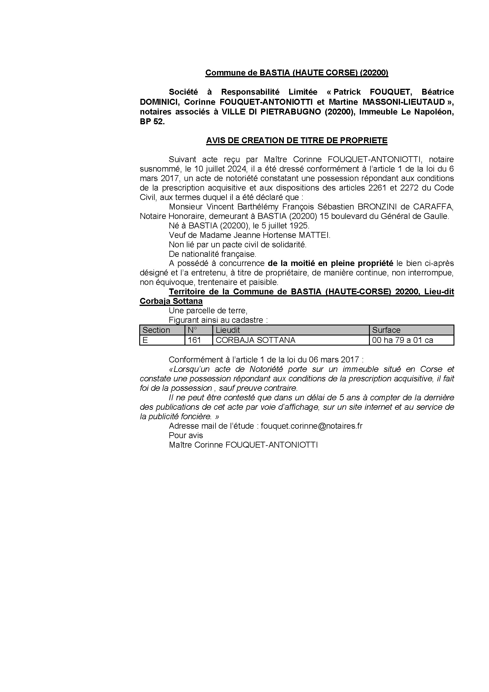 Avis de création de titre de propriété - Commune de Bastia (Cismonte)