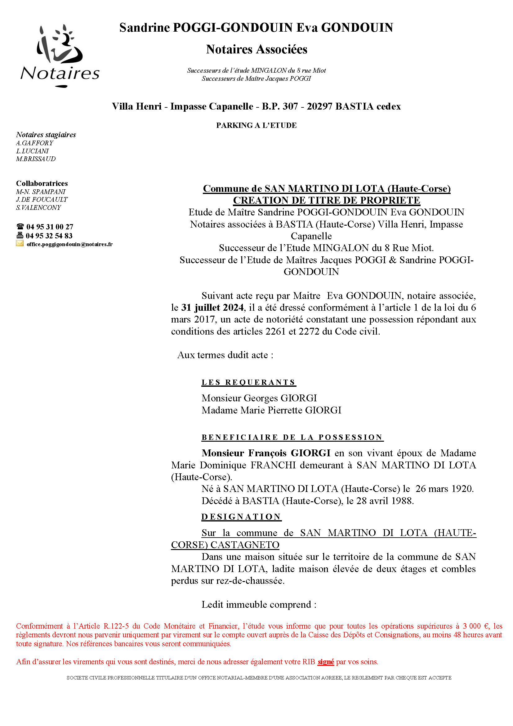 Avis de création de titre de propriété - Commune de San Martinu di Lota (Cismonte)