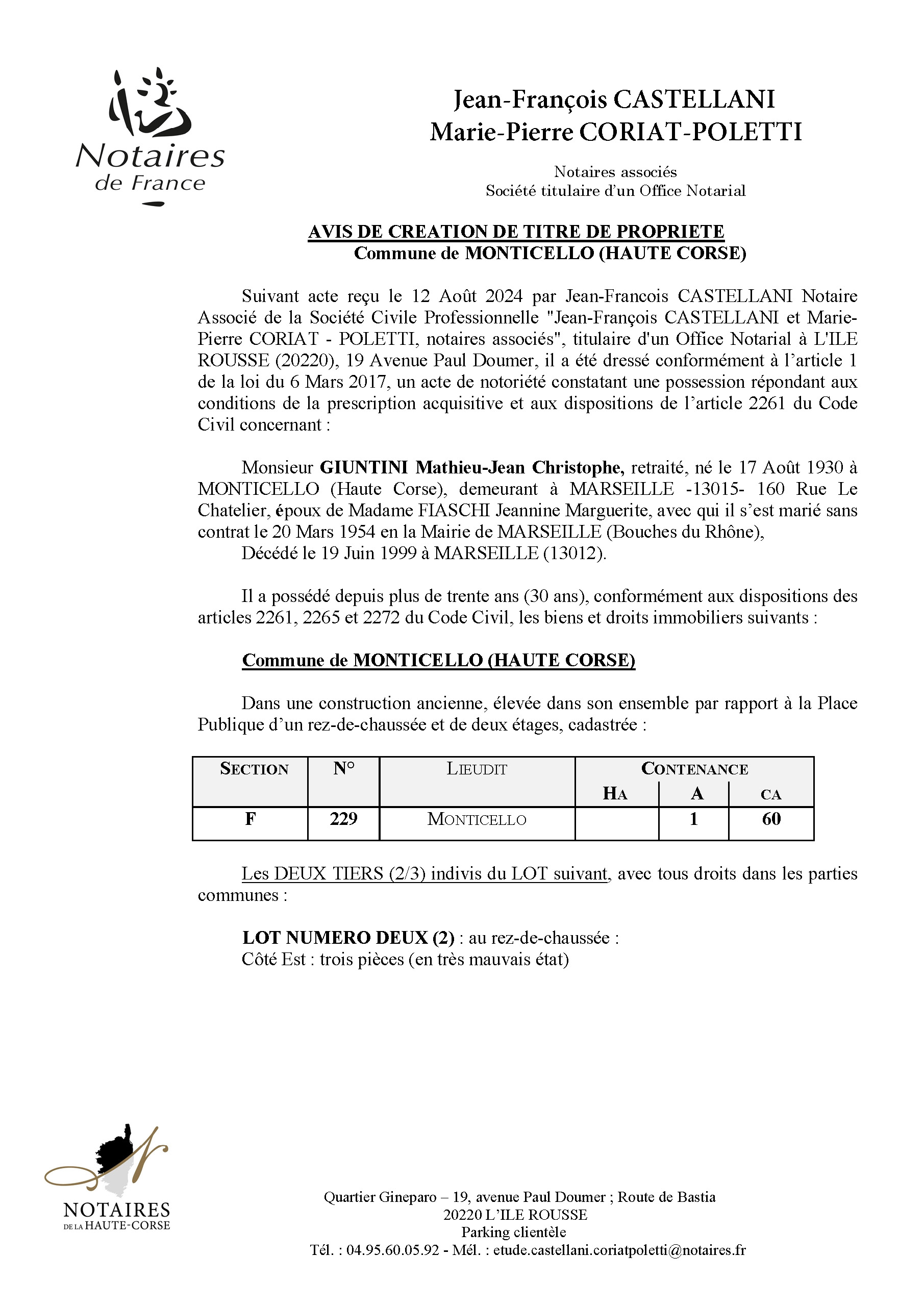 Avis de création de titre de propriété - Commune de Munticellu (Cismonte)