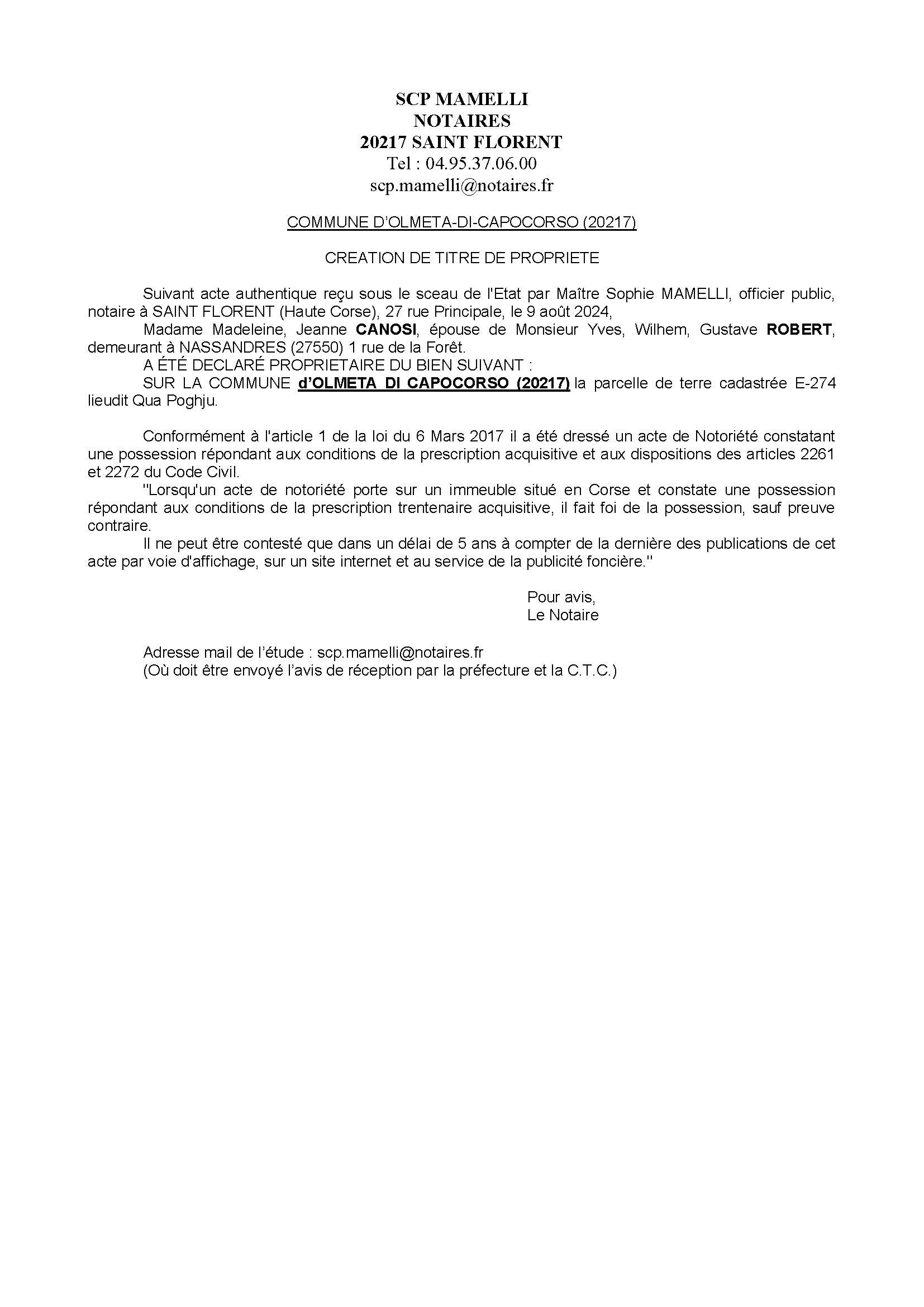 Avis de création de titre de propriété - Commune d'Olmeta di Capicorsu (Cismonte)