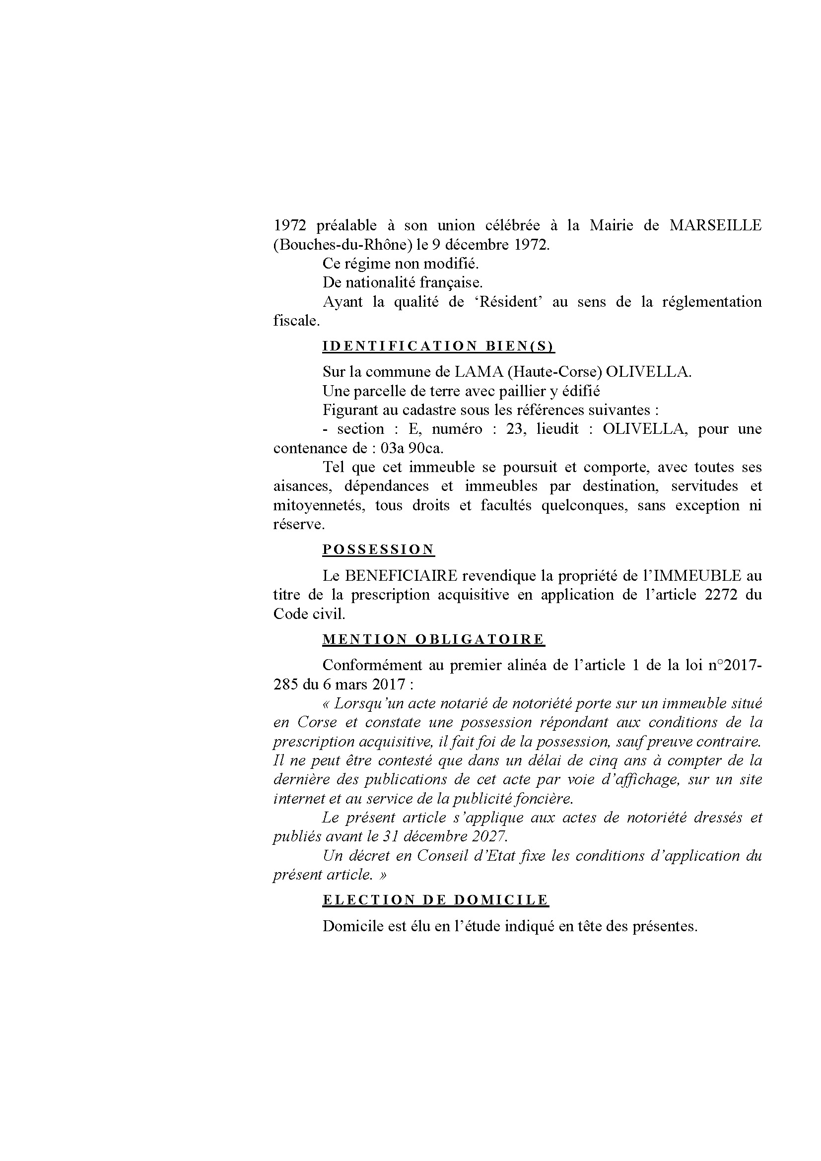 Avis de création de titre de propriété - Commune de Lama (Cismonte)