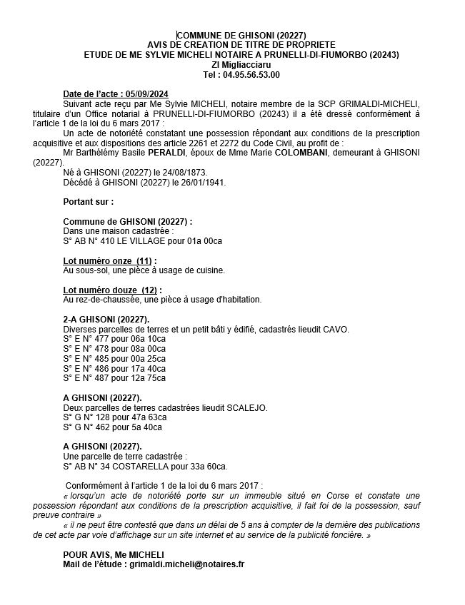 Avis de création de titre de propriété - Commune de Ghisoni (Cismonte)