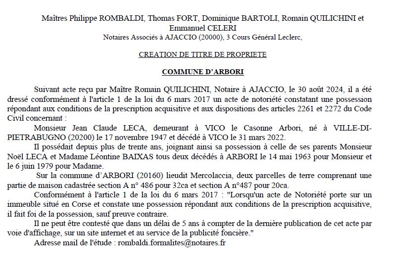 Avis de création de titre de propriété - Commune d'Arburi (Pumonti)