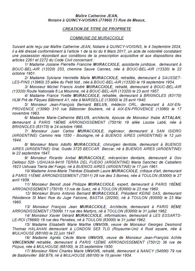 Avis de création de titre de propriété - Commune de E Muracciole (Pumonti)