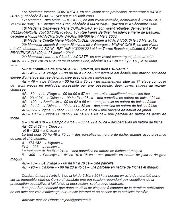 Avis de création de titre de propriété - Commune de E Muracciole (Pumonti)