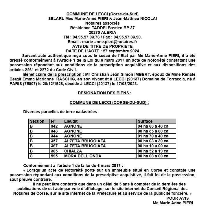 Avis de création de titre de propriété - Commune de Lecci (Pumonti)