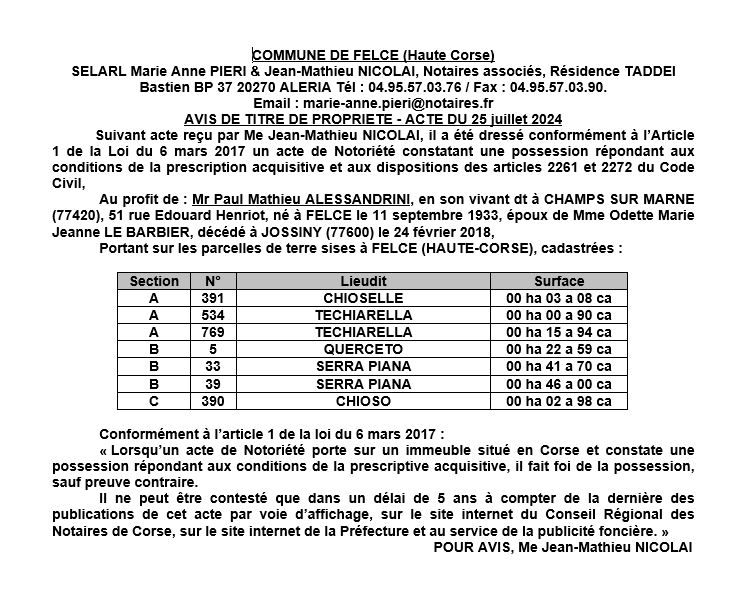 Avis de création de titre de propriété - Commune de Felge (Cismonte)