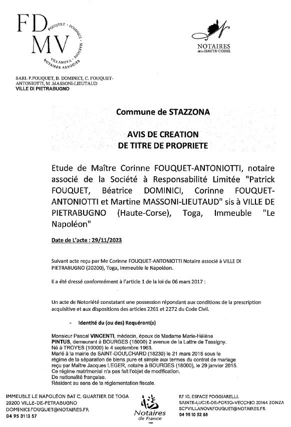 Avis de création de titre de propriété - Commune d'A Stazzona (Cismonte)